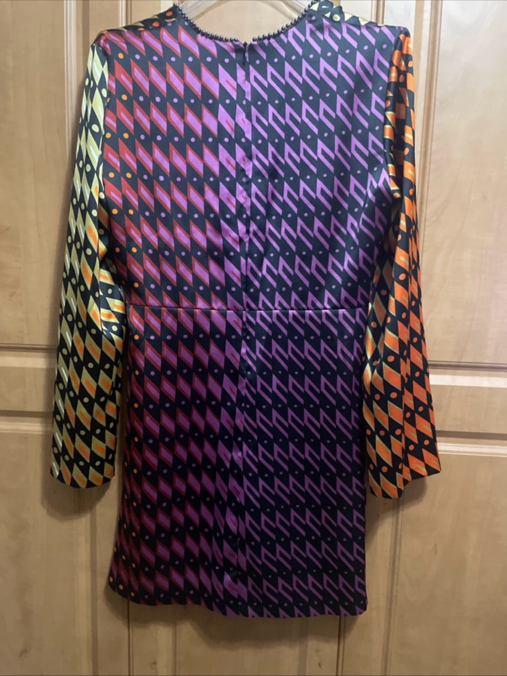 Zara Bold Geometric V-Neck Mini Dress in Orange, Yellow & Purple - Picture 4 of 4